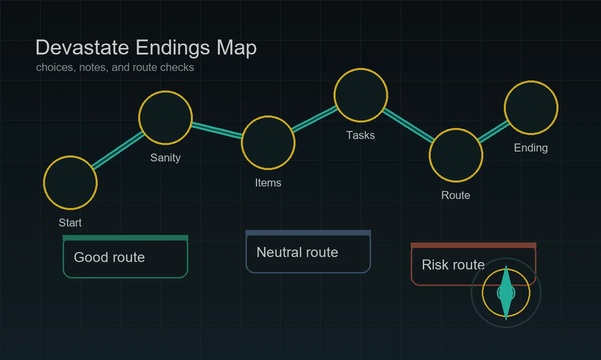 Devastate endings route map showing start, sanity, items, tasks, route notes, and ending outcomes