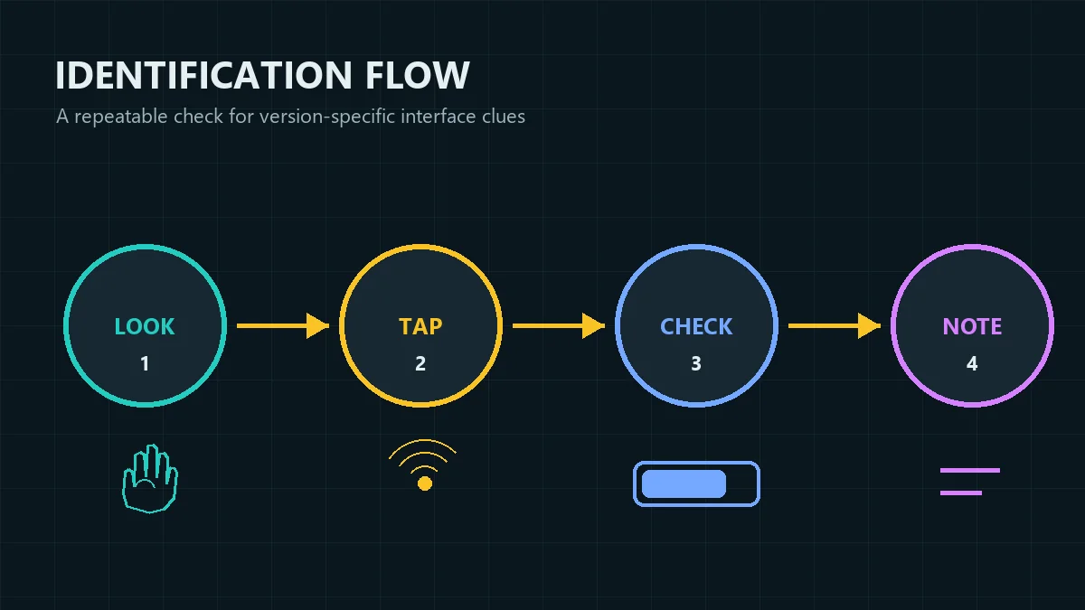 Editorial flow showing look, tap, check, and note steps for identifying a Devastate interface clue