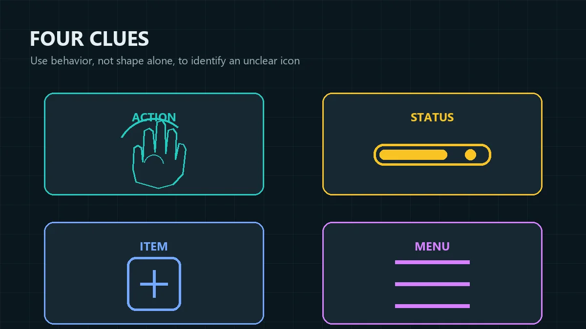 Editorial comparison of action, status, item, and menu clues near a hand-shaped game icon