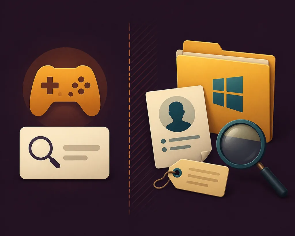 Illustration éditoriale comparant une recherche itch.io générique et la vérification de l’identité d’un produit Windows Devastate