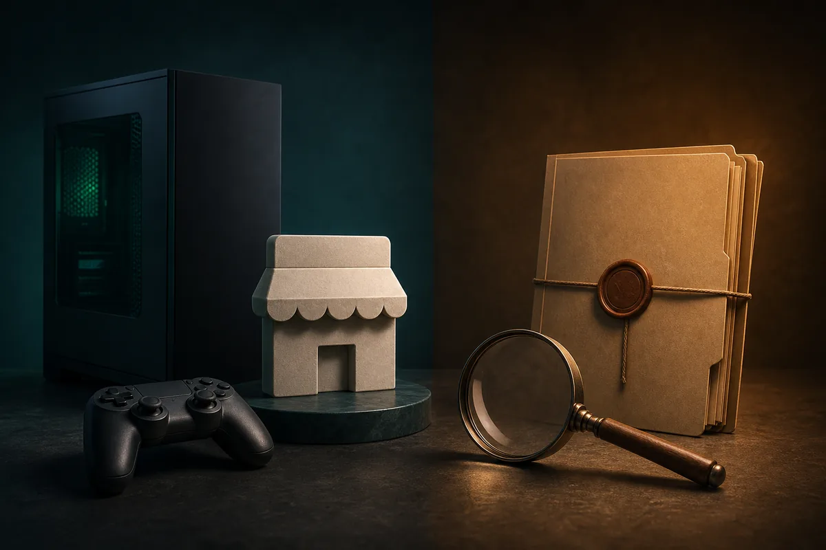 Illustrazione editoriale con PC, controller, simbolo di negozio, cartella prodotto e lente per verificare Devastate su Steam